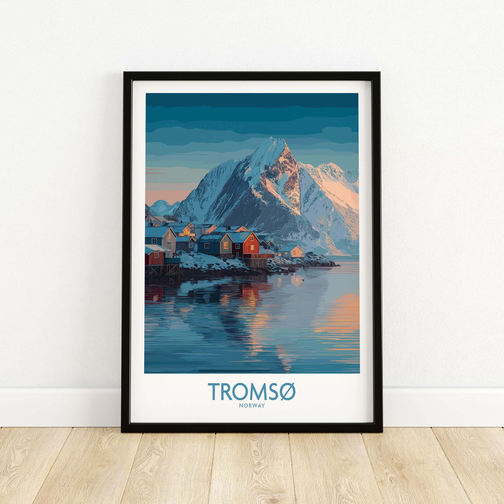 Tromsø Norway Art Print | Winter Village Poster showcasing serene Arctic village and mountain landscape.
