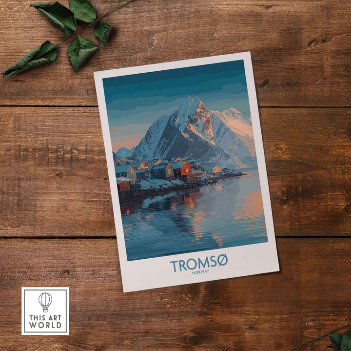 Tromsø Norway Art Print | Winter Village Poster featuring mountains and colorful houses near a serene water reflection.
