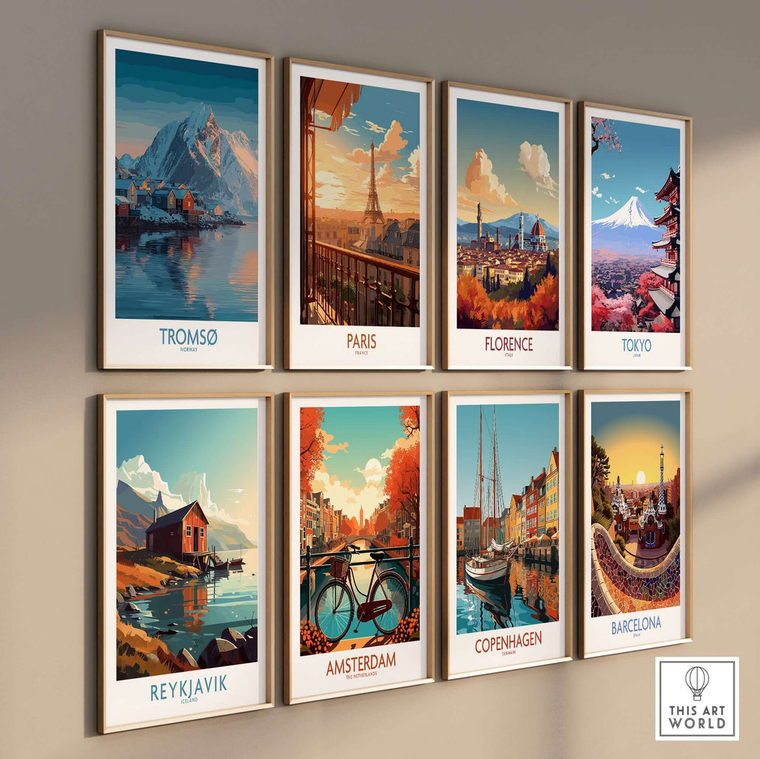Tromsø Norway Art Print | Winter Village Poster displayed among other city art prints on a gallery wall.