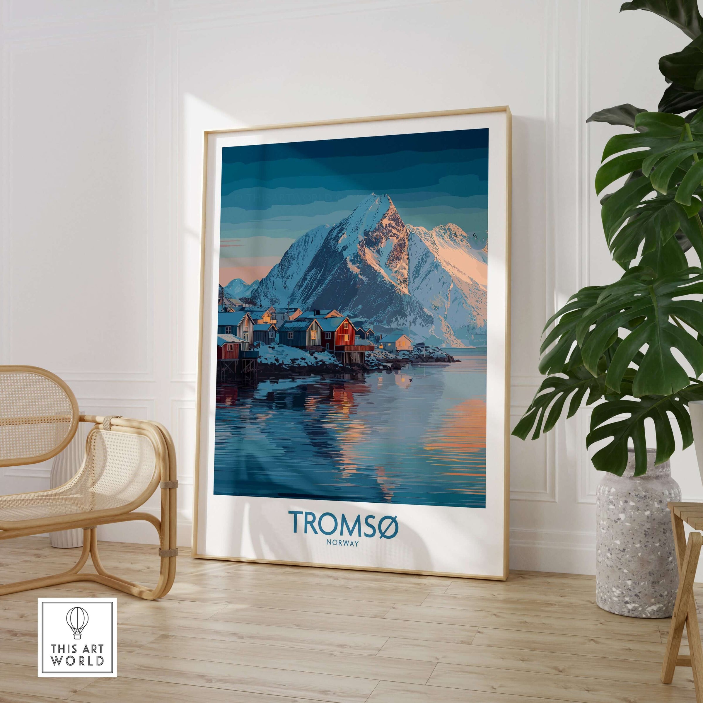 Tromsø Norway Art Print | Winter Village Poster featuring snow-covered mountains and colorful Nordic homes.