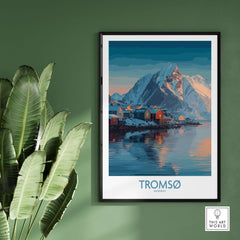 Tromsø Norway Art Print | Winter Village Poster showcasing snowy mountains and colorful houses.
