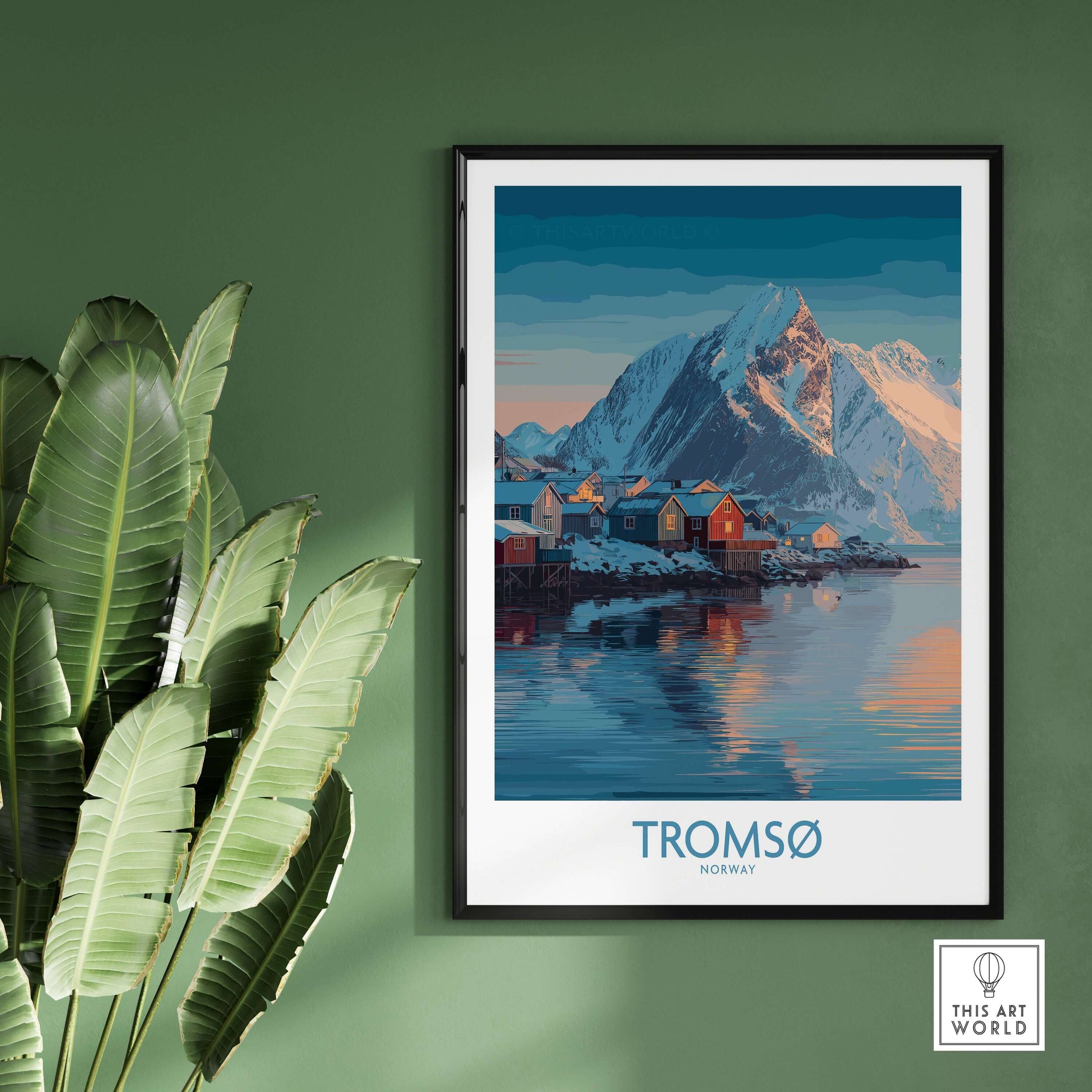 Tromsø Norway Art Print | Winter Village Poster showcasing snowy mountains and colorful houses.