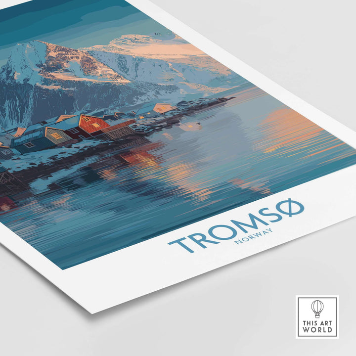 Tromsø Norway Art Print | Winter Village Poster featuring colorful homes and a serene Arctic landscape.