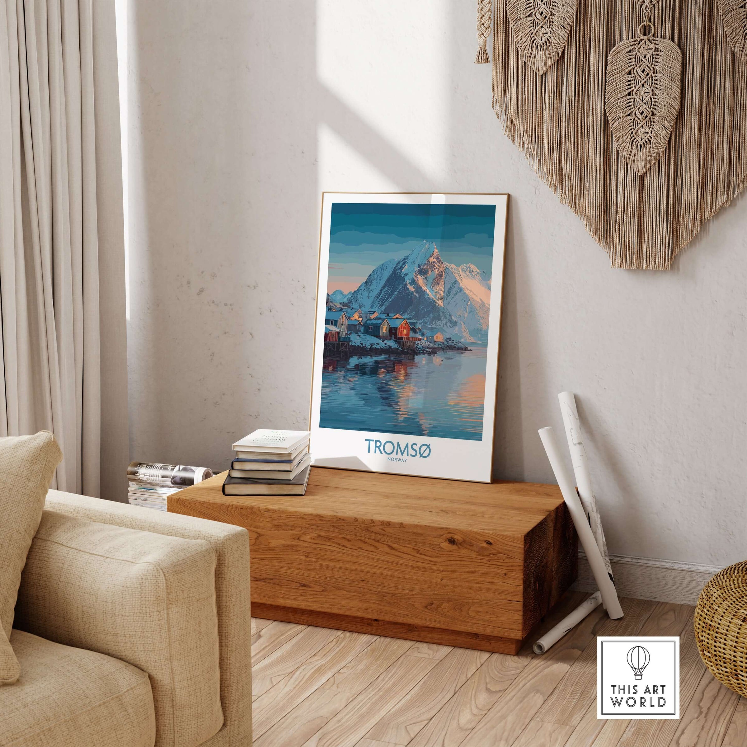 Tromsø Norway Art Print | Winter Village Poster displayed in a cozy living room setting with wooden decor.
