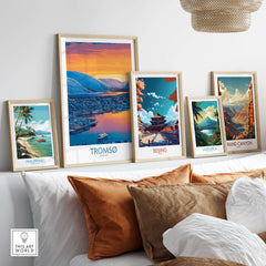 Tromsø Norway Fjord Panorama Art Print | Arctic City Sunset Poster displayed among various travel art prints.