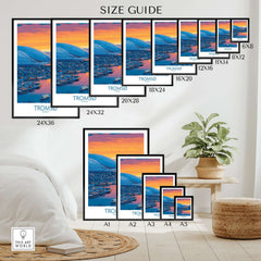 Tromsø Norway Fjord Panorama Art Print | Arctic City Sunset Poster size guide with various frame sizes.