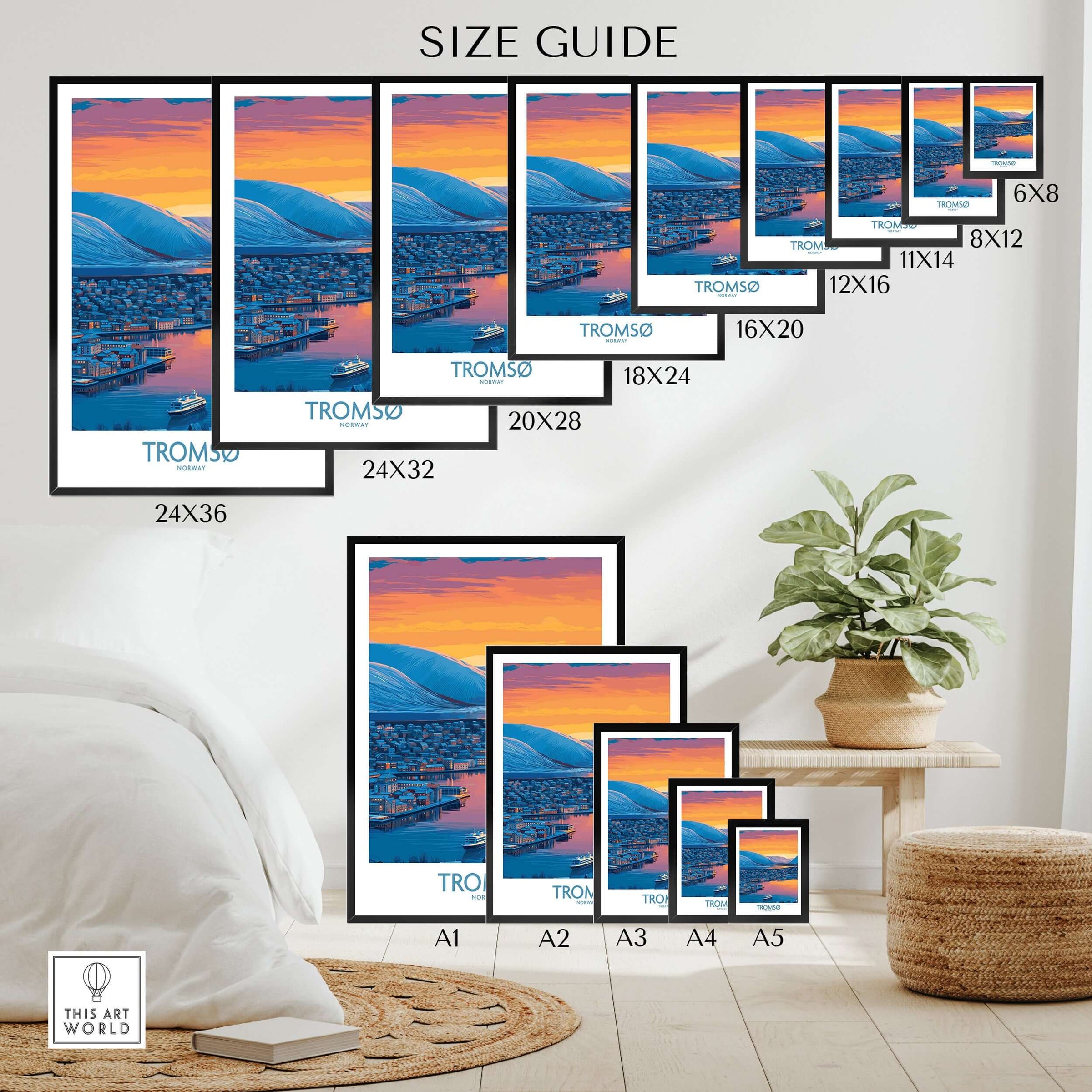Tromsø Norway Fjord Panorama Art Print | Arctic City Sunset Poster size guide with various frame sizes.