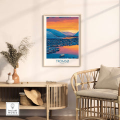 Tromsø Norway Fjord Panorama Art Print | Arctic City Sunset Poster displayed in a modern living room setting.