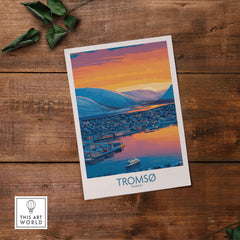 Tromsø Norway Fjord Panorama Art Print | Arctic City Sunset Poster on wooden background