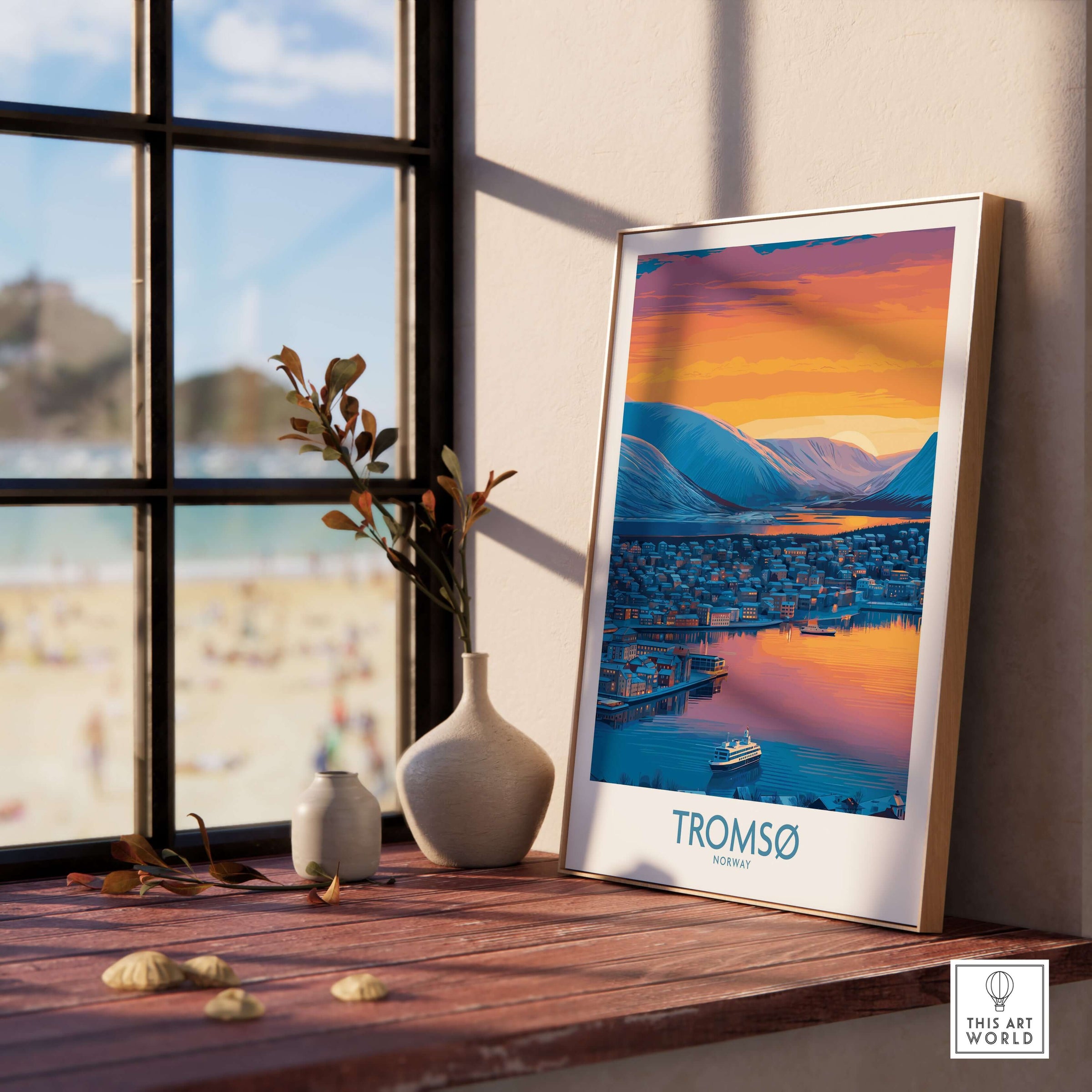 Tromsø Norway Fjord Panorama Art Print | Arctic City Sunset Poster displayed in a cozy interior with a scenic view.