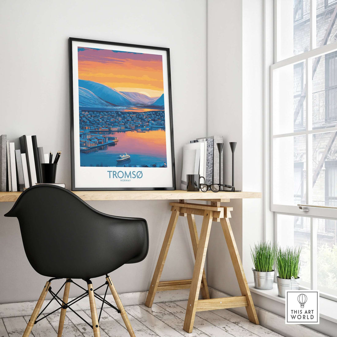 Tromsø Norway Fjord Panorama Art Print | Arctic City Sunset Poster displayed in a modern workspace, showcasing vibrant Arctic scenery.