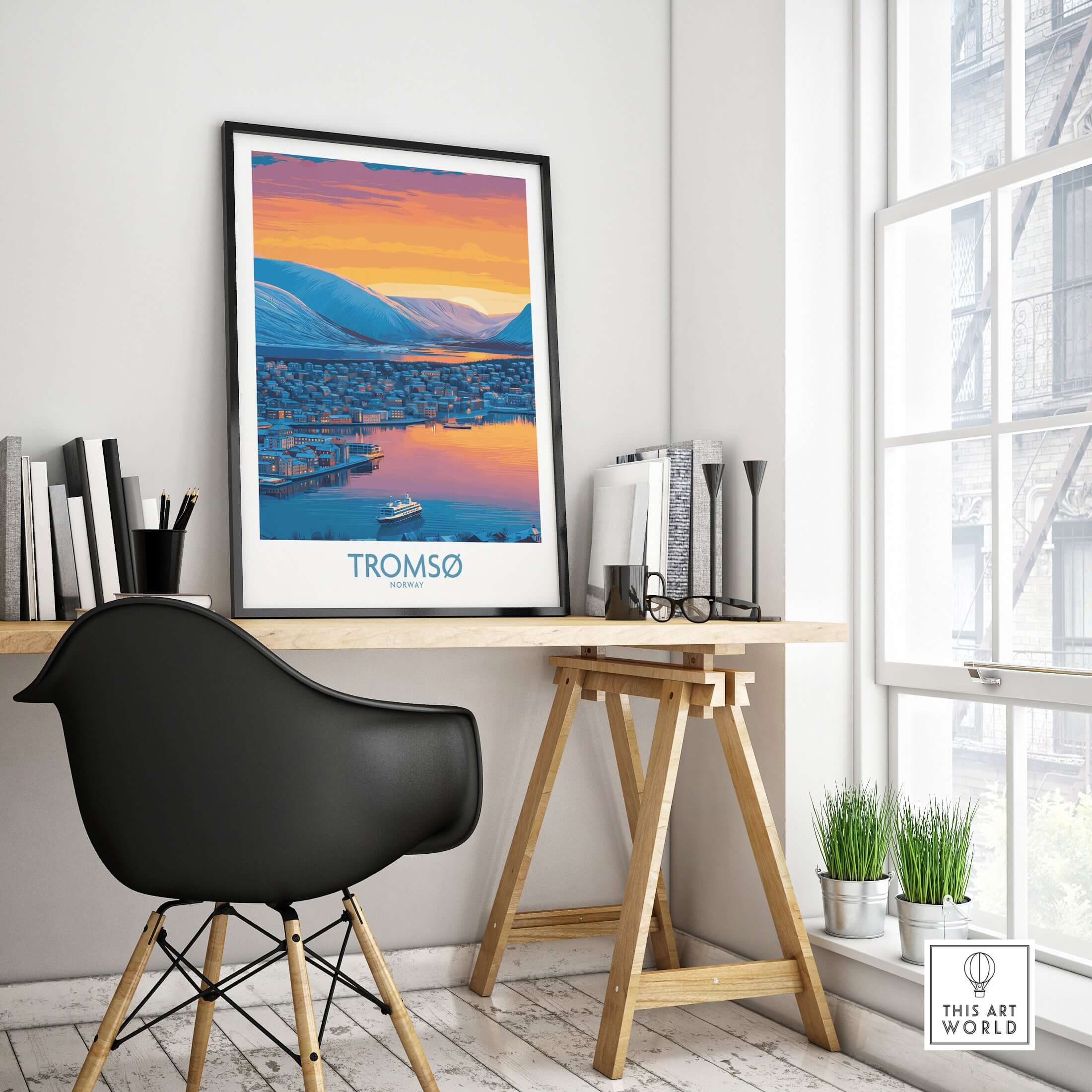 Tromsø Norway Fjord Panorama Art Print | Arctic City Sunset Poster displayed in a stylish minimalist home office.
