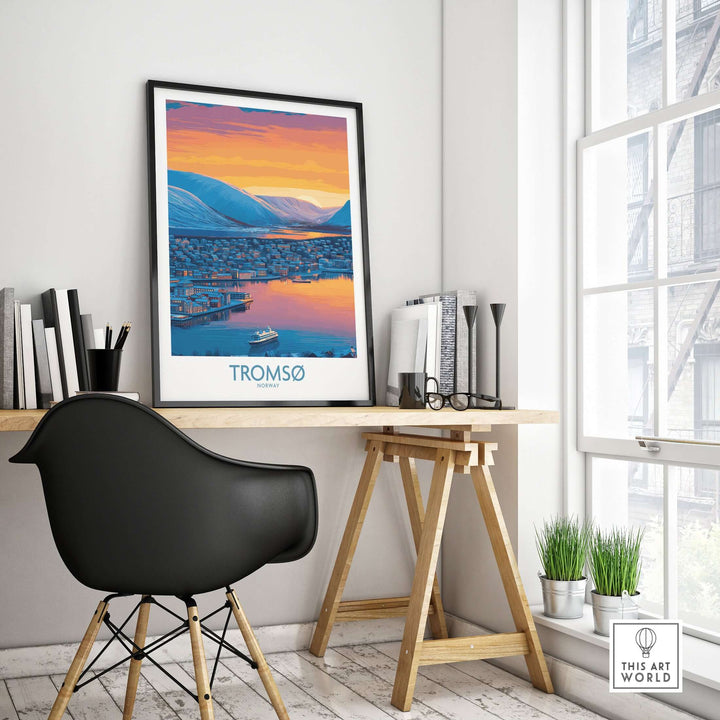 Tromsø Norway Fjord Panorama Art Print | Arctic City Sunset Poster displayed in a modern workspace, showcasing vibrant Arctic scenery.