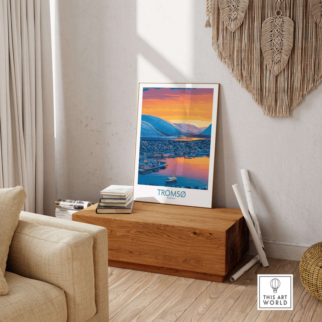 Tromsø Norway Fjord Panorama Art Print | Arctic City Sunset Poster displayed in a cozy living room setting.
