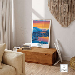 Tromsø Norway Fjord Panorama Art Print | Arctic City Sunset Poster displayed in a cozy living room setting.