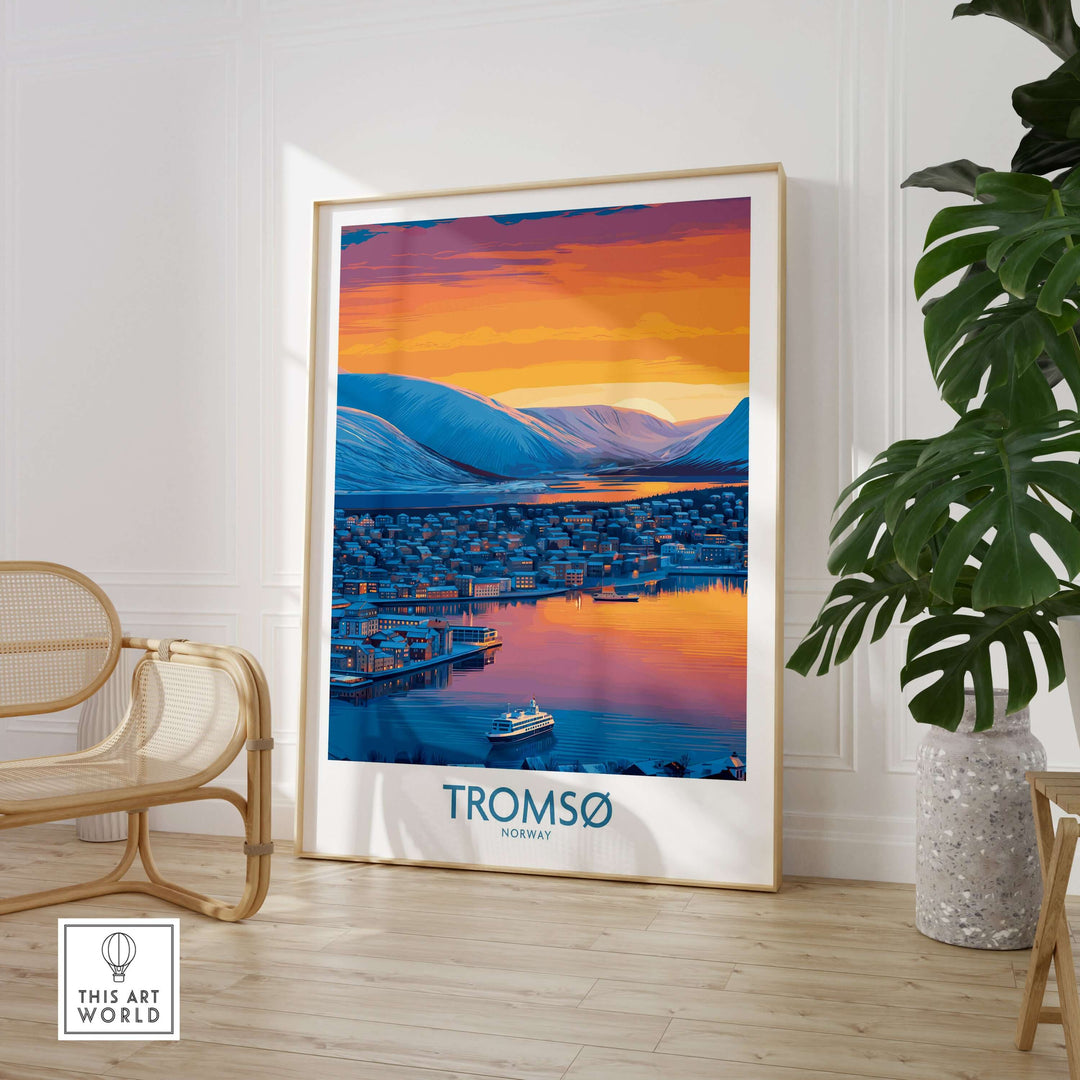 Tromsø Norway Fjord Panorama Art Print | Arctic City Sunset Poster displayed in a modern interior setting.