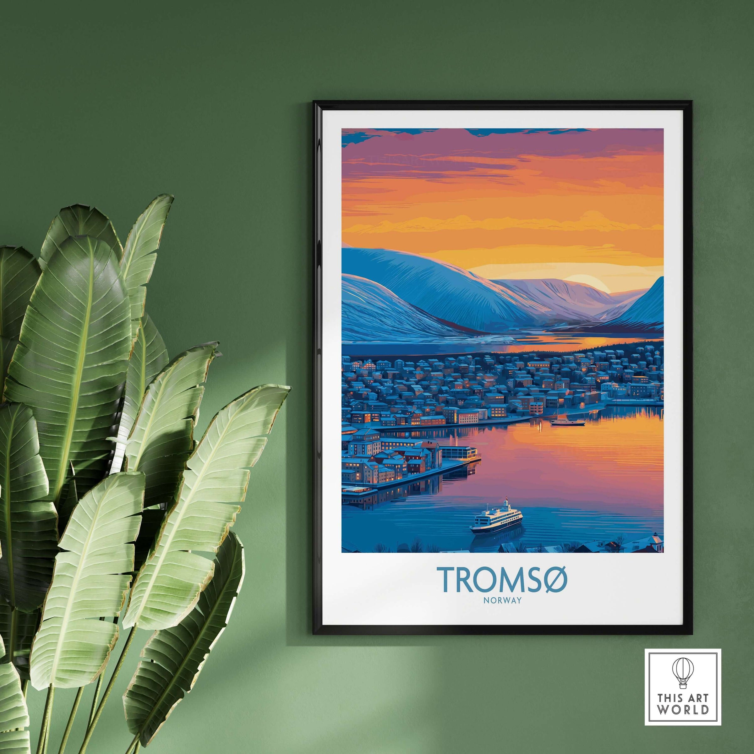 Tromsø Norway Fjord Panorama Art Print | Arctic City Sunset Poster on a green wall