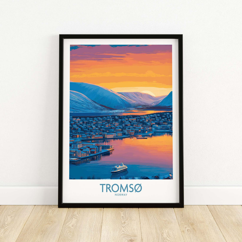 Tromsø Norway Fjord Panorama Art Print | Arctic City Sunset Poster featuring vibrant sunset over fjord and mountains.