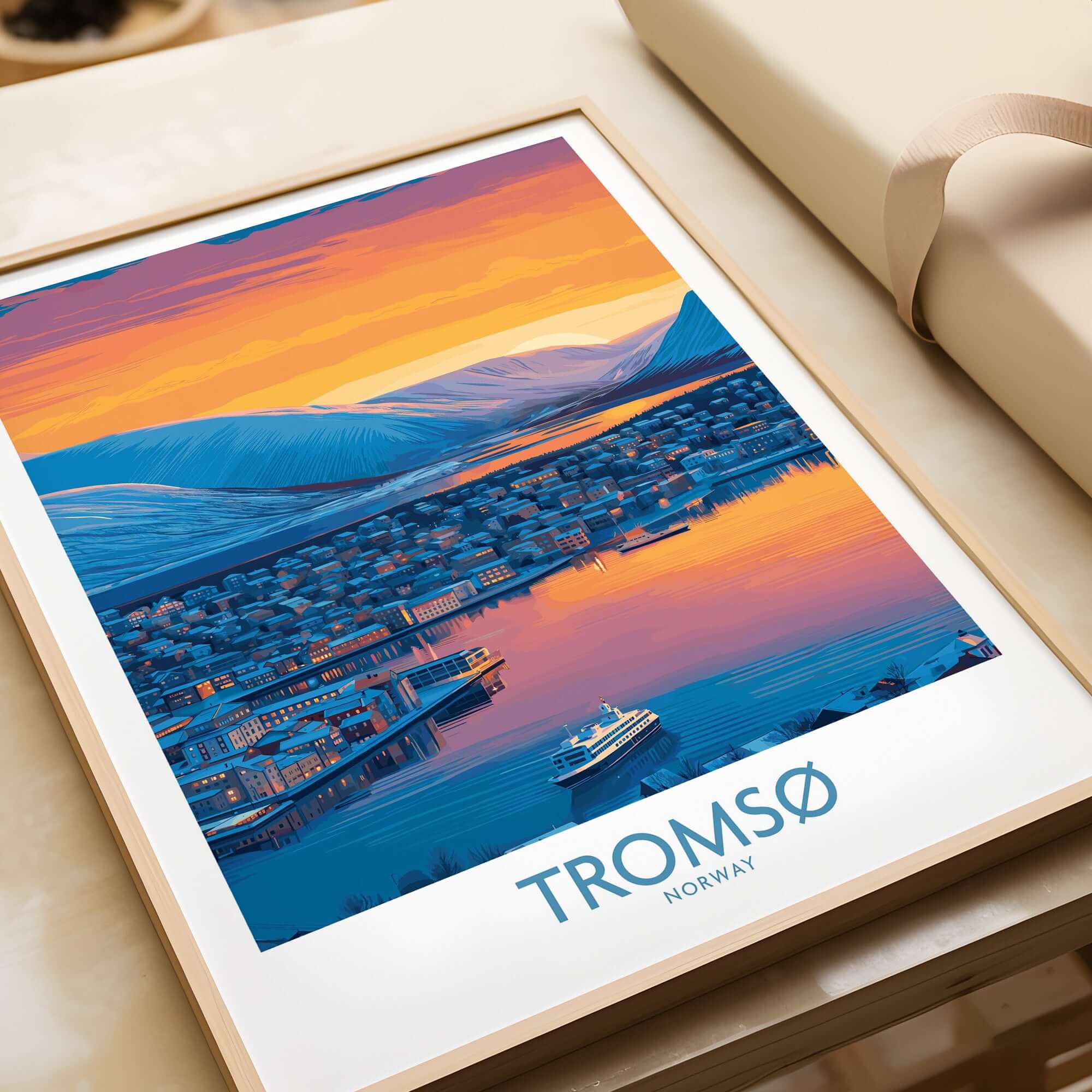 Tromsø Norway Fjord Panorama Art Print | Arctic City Sunset Poster featuring vibrant sunset colors over a tranquil fjord.