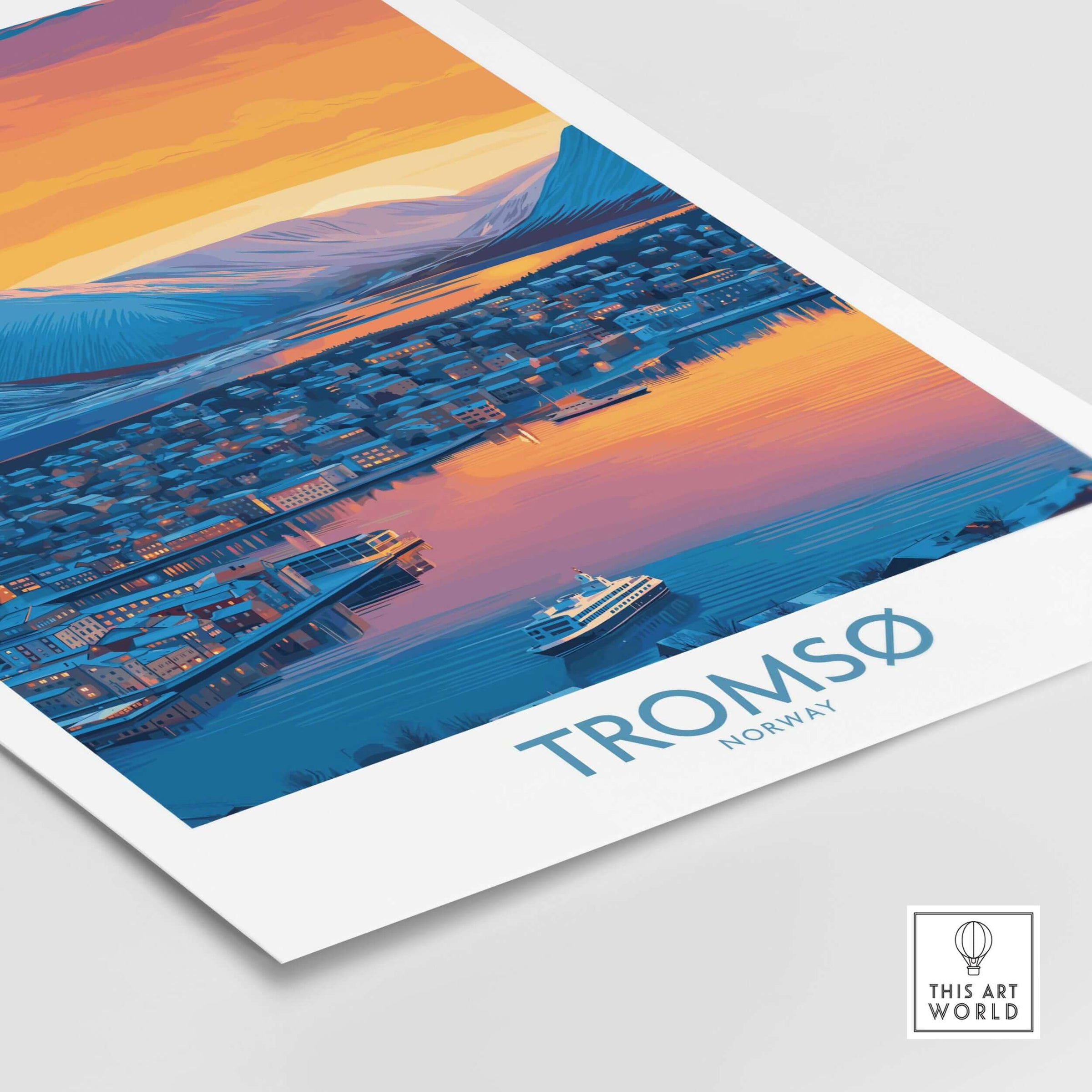 Tromsø Norway Fjord Panorama Art Print | Arctic City Sunset Poster capturing vibrant sunset over tranquil fjord.