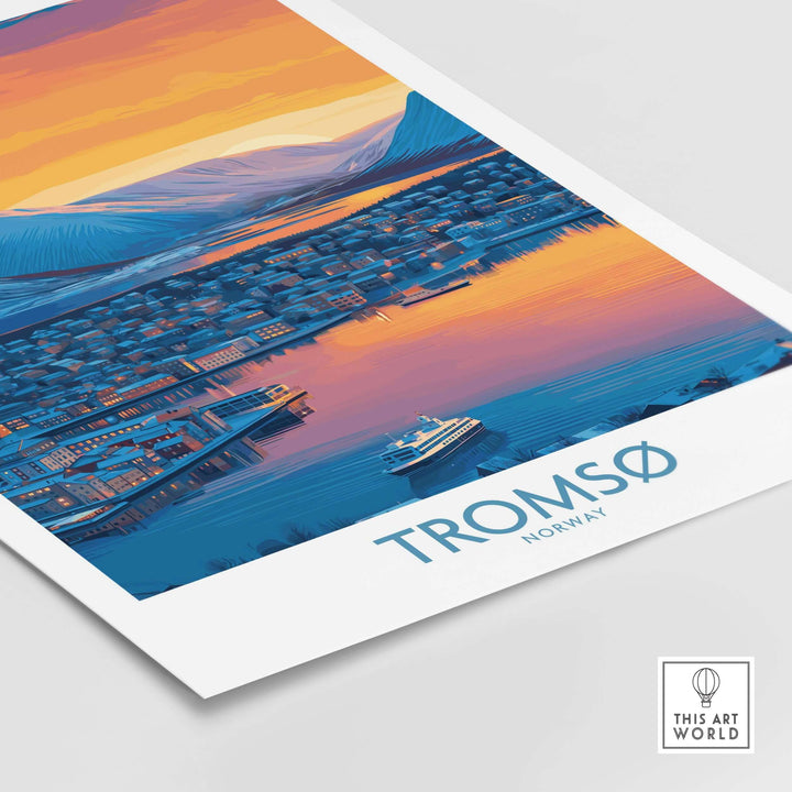 Tromsø Norway Fjord Panorama Art Print | Arctic City Sunset Poster showcasing vibrant sunset over fjord and cityscape.