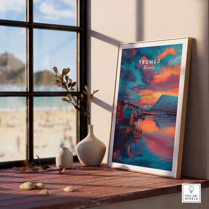 Tromsø Norway Fjord Town Sunset Print | Nordic Travel Wall Decor displayed in a vibrant home setting by a window.