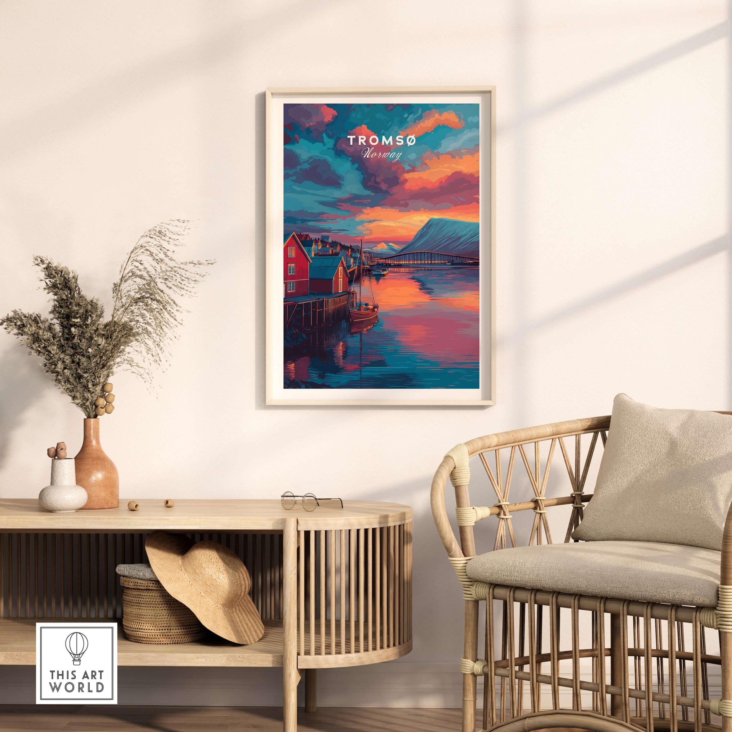 Tromsø Norway Fjord Town Sunset Print | Nordic Travel Wall Decor displayed in a stylish living room.