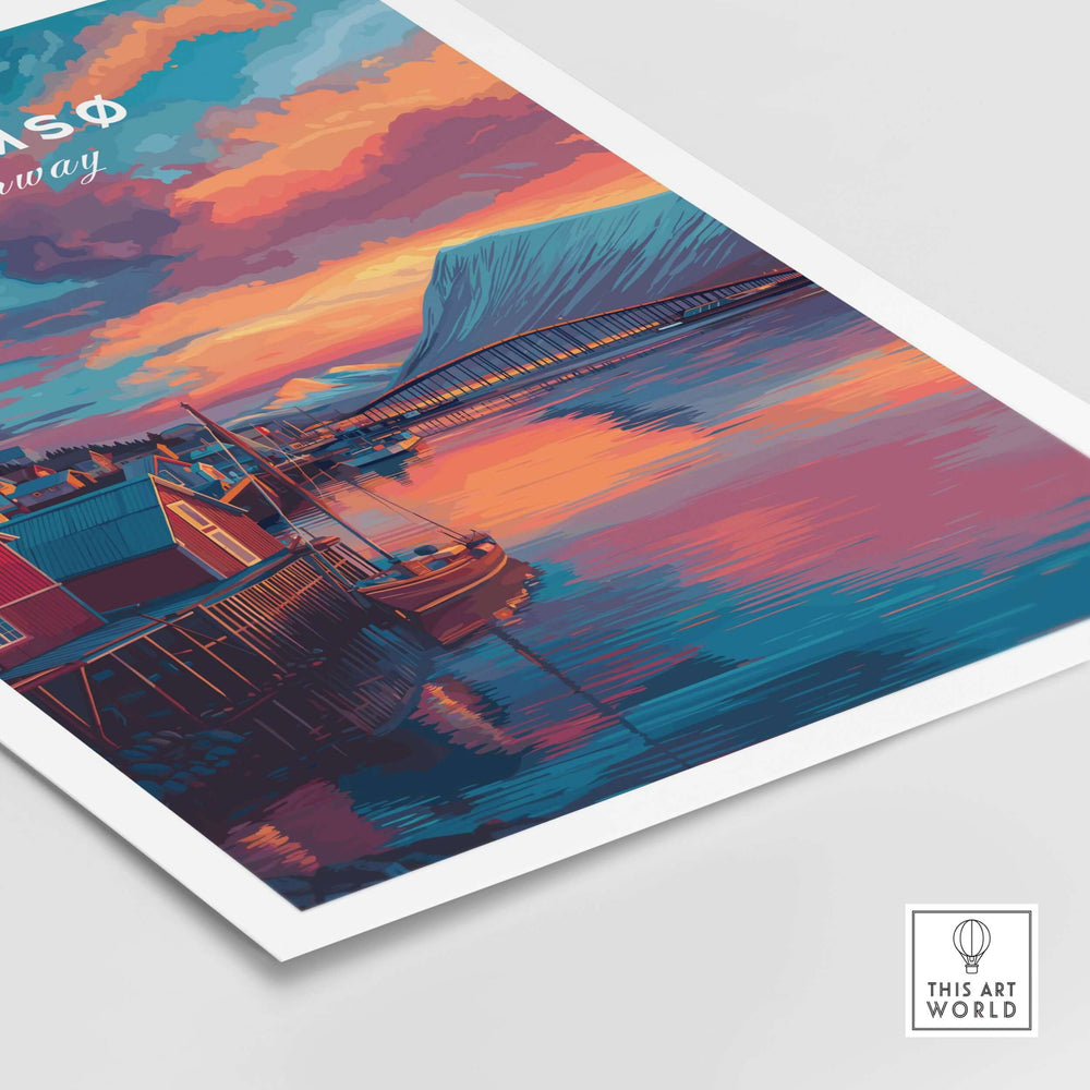 Tromsø Norway Fjord Town Sunset Print | Nordic Travel Wall Decor showcasing vibrant sunset and fjord reflections.