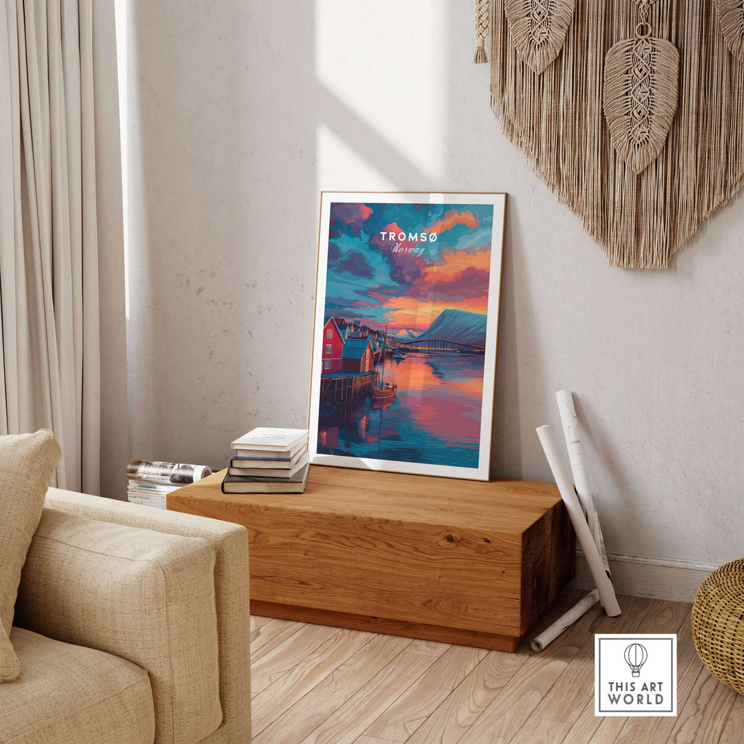 Tromsø Norway Fjord Town Sunset Print | Nordic Travel Wall Decor displayed in a cozy living room setting.