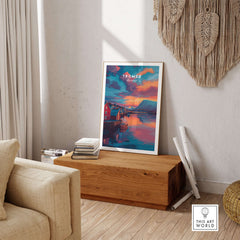 Tromsø Norway Fjord Town Sunset Print | Nordic Travel Wall Decor displayed in a cozy living room.