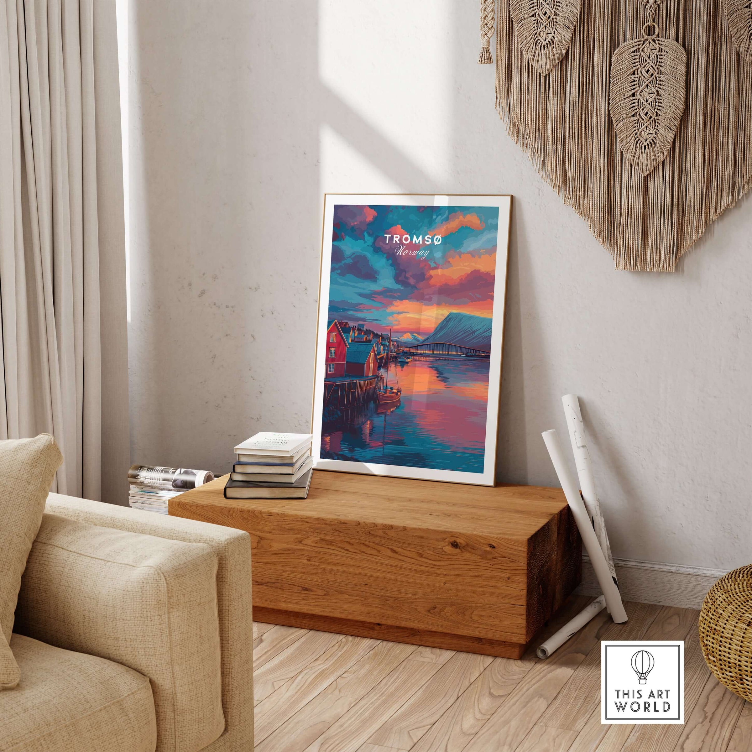Tromsø Norway Fjord Town Sunset Print | Nordic Travel Wall Decor displayed in a cozy living room.
