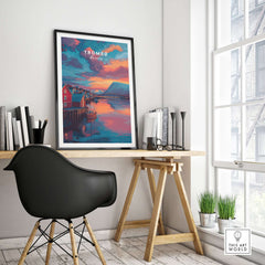 Tromsø Norway Fjord Town Sunset Print | Nordic Travel Wall Decor displayed in a modern workspace.