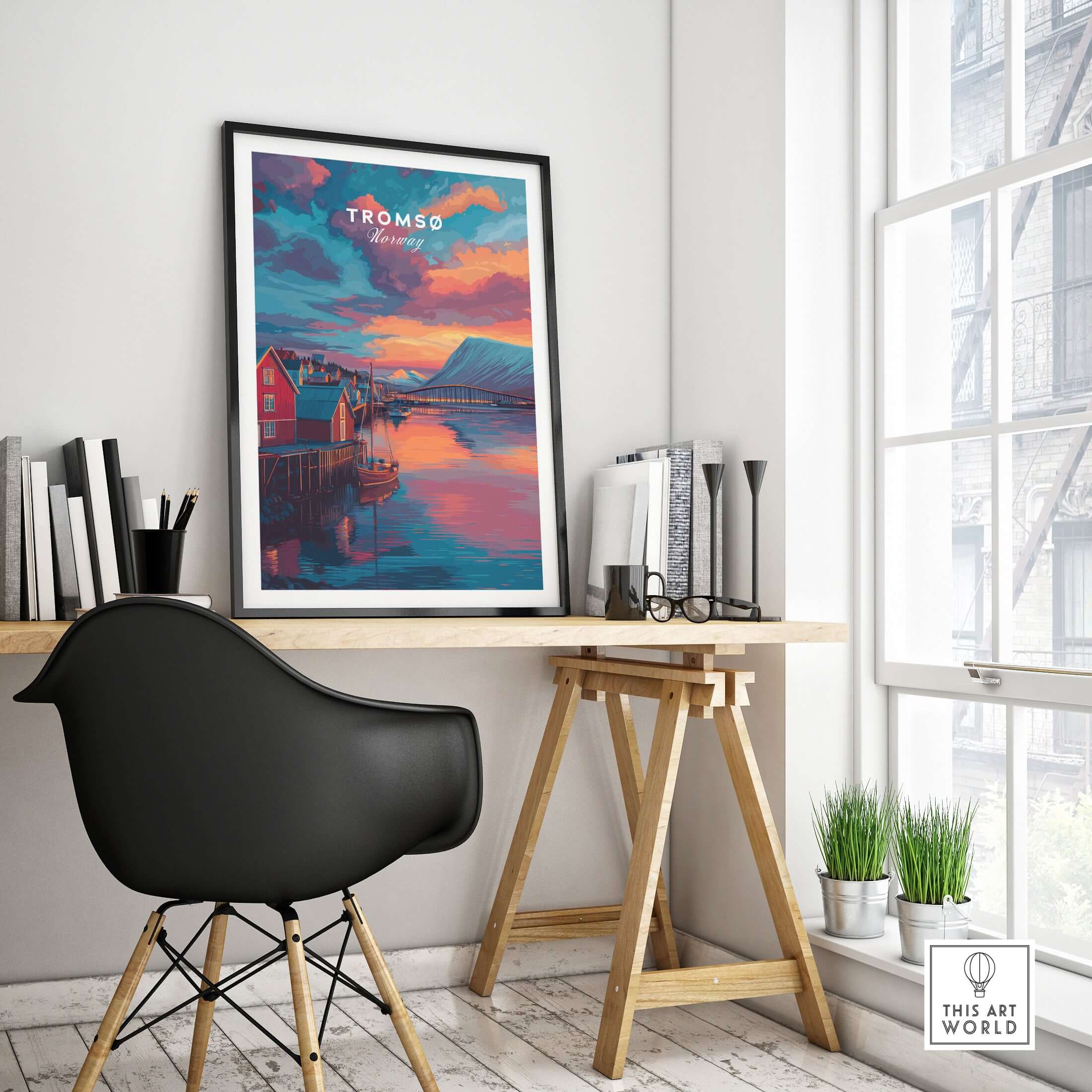 Tromsø Norway Fjord Town Sunset Print | Nordic Travel Wall Decor displayed in a modern workspace.