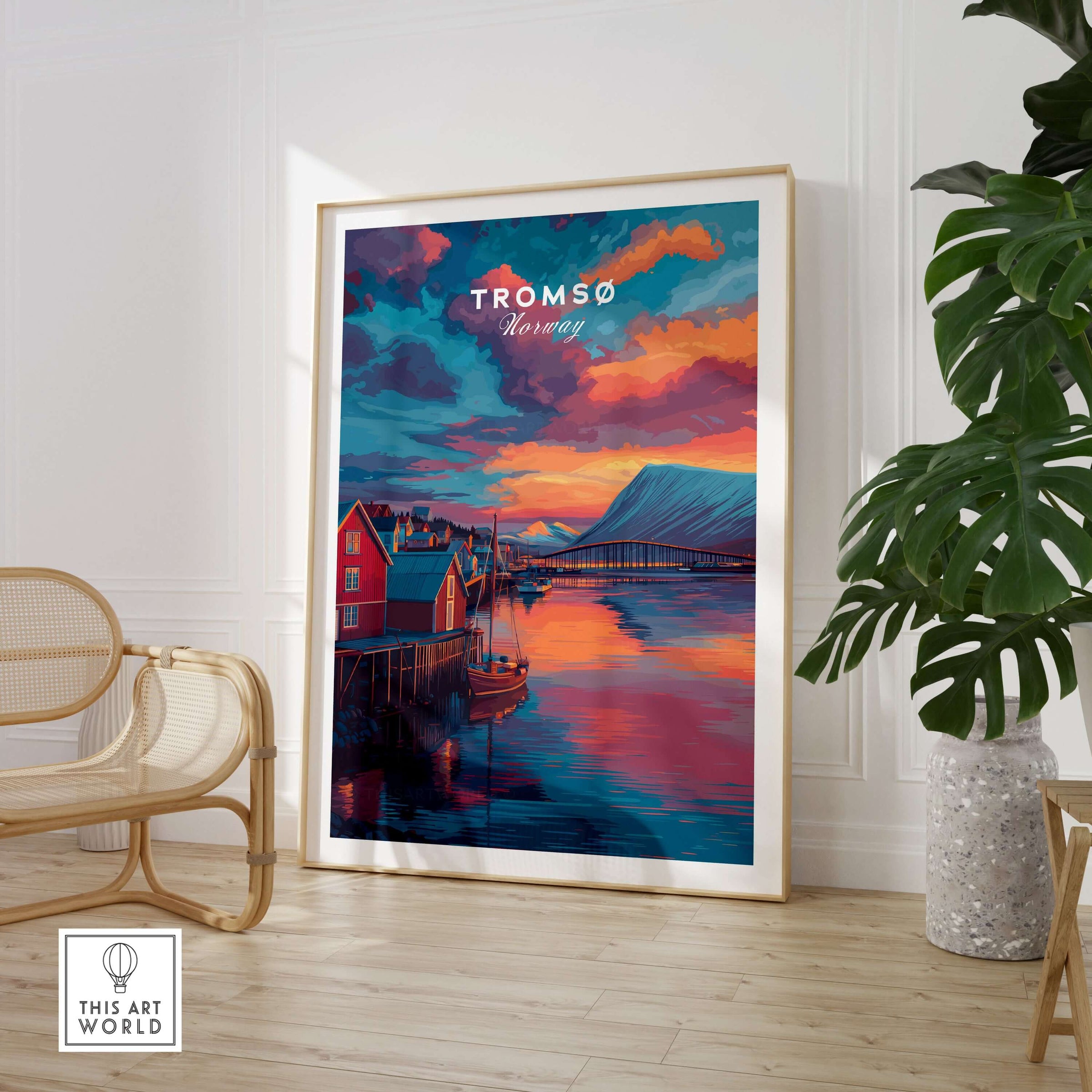 Tromsø Norway Fjord Town Sunset Print | Nordic Travel Wall Decor featuring colorful sunset over peaceful fjord.