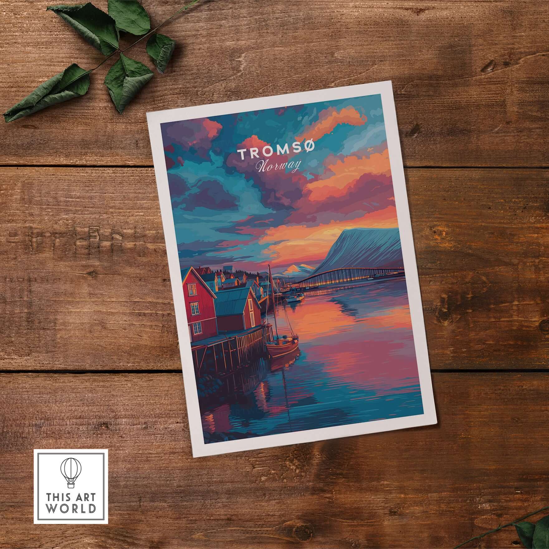 Tromsø Norway Fjord Town Sunset Print | Nordic Travel Wall Decor featuring vibrant sunset colors over water.
