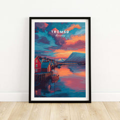 Tromsø Norway Fjord Town Sunset Print | Nordic Travel Wall Decor showcasing vibrant sunset colors over a peaceful fjord.