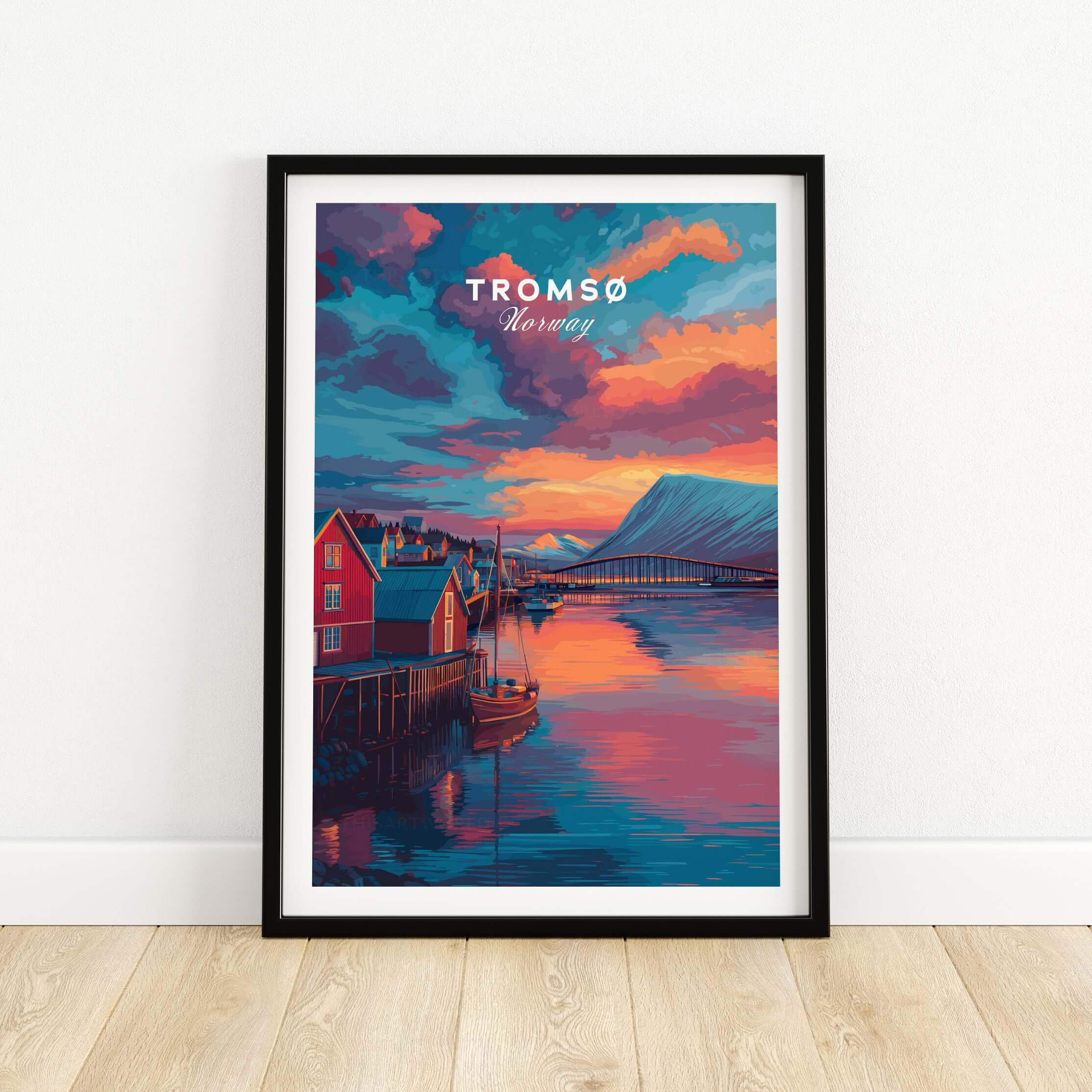 Tromsø Norway Fjord Town Sunset Print | Nordic Travel Wall Decor showcasing vibrant sunset colors over a peaceful fjord.