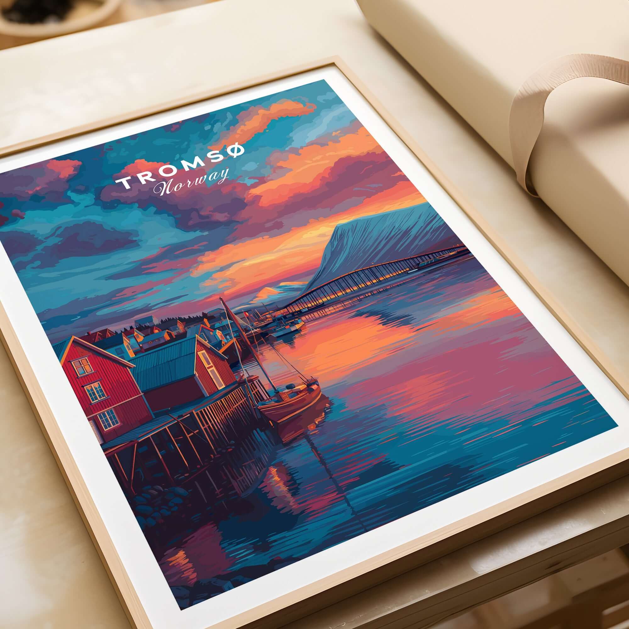 Tromsø Norway Fjord Town Sunset Print | Nordic Travel Wall Decor featuring a vibrant sunset over charming town and fjord.
