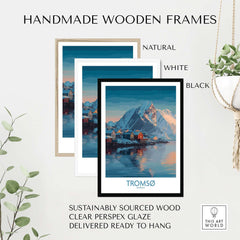 Handmade wooden frames in natural, white, and black for Tromsø Norway Art Print | Winter Village Poster.