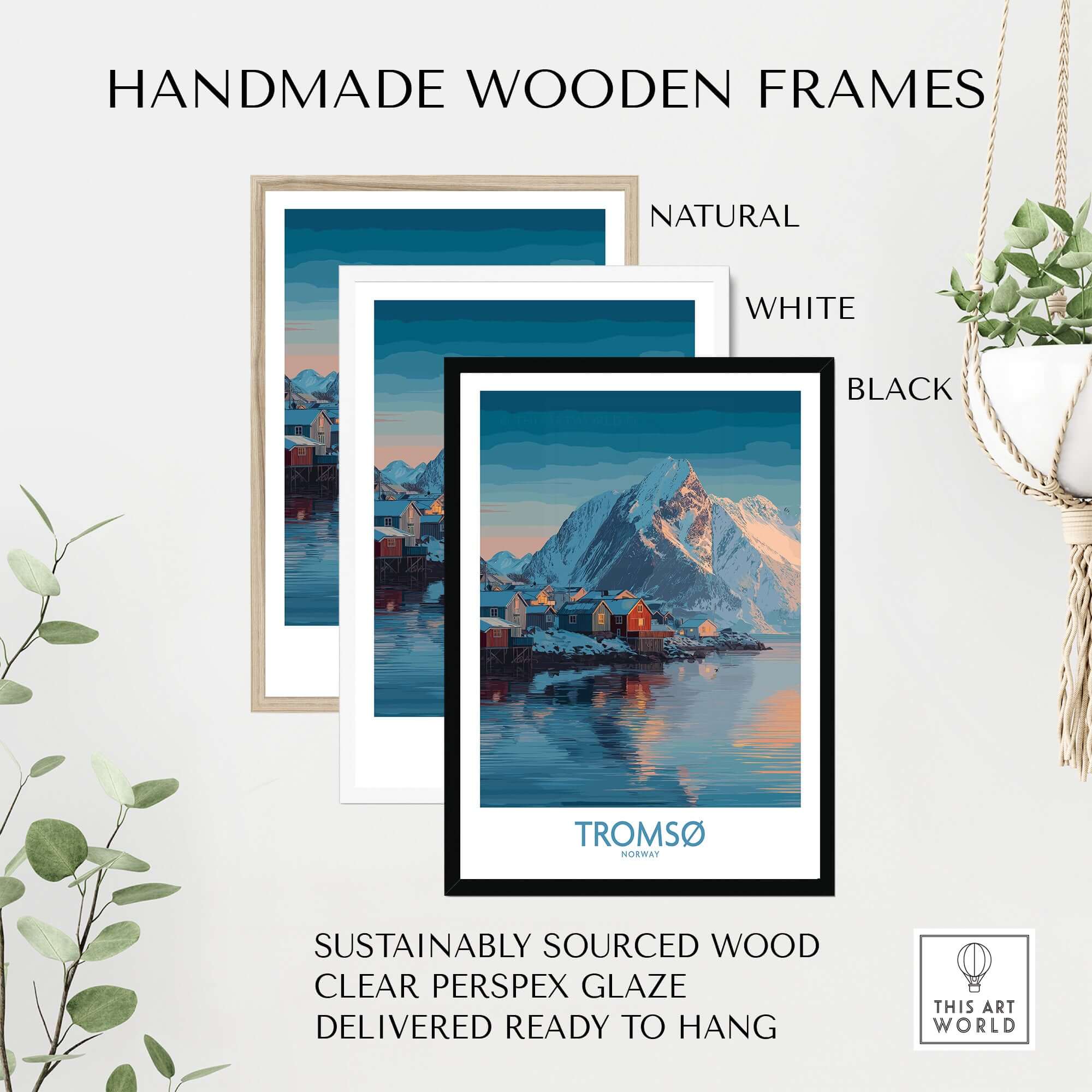 Handmade wooden frames in natural, white, and black for Tromsø Norway Art Print | Winter Village Poster.