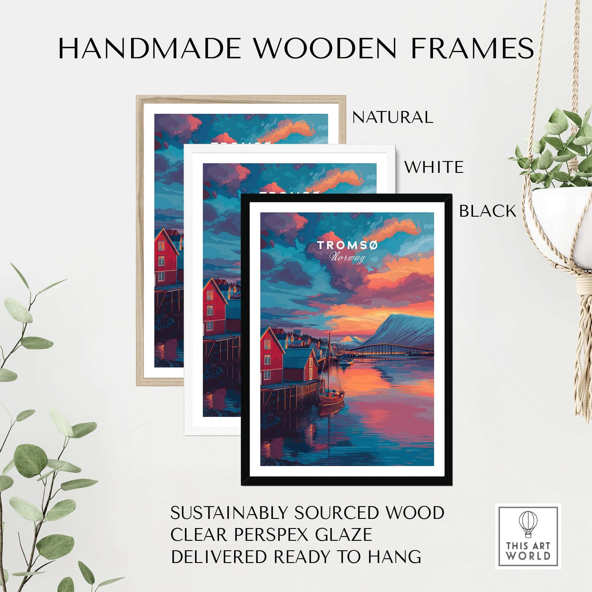 Handmade wooden frames in natural, white, and black colors for Tromsø Norway Fjord Town Sunset Print | Nordic Travel Wall Decor.