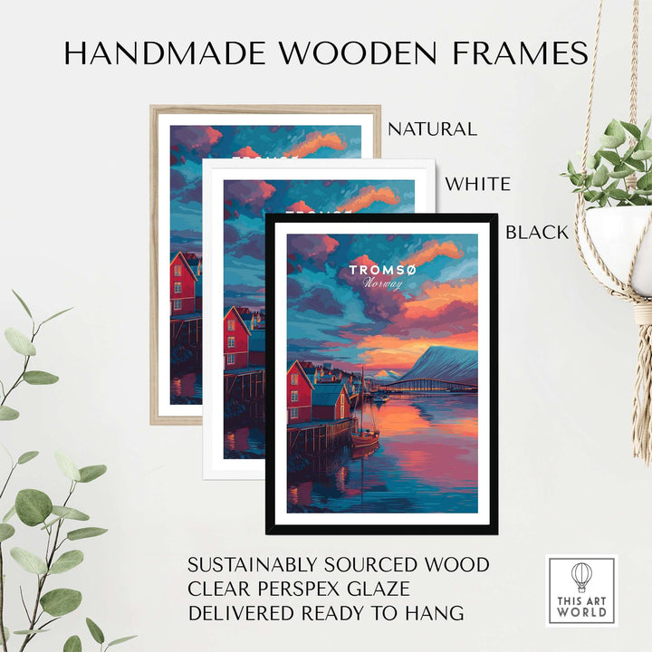 Tromsø Norway Fjord Town Sunset Print | Nordic Travel Wall Decor displayed in handmade wooden frames in natural, white, and black.