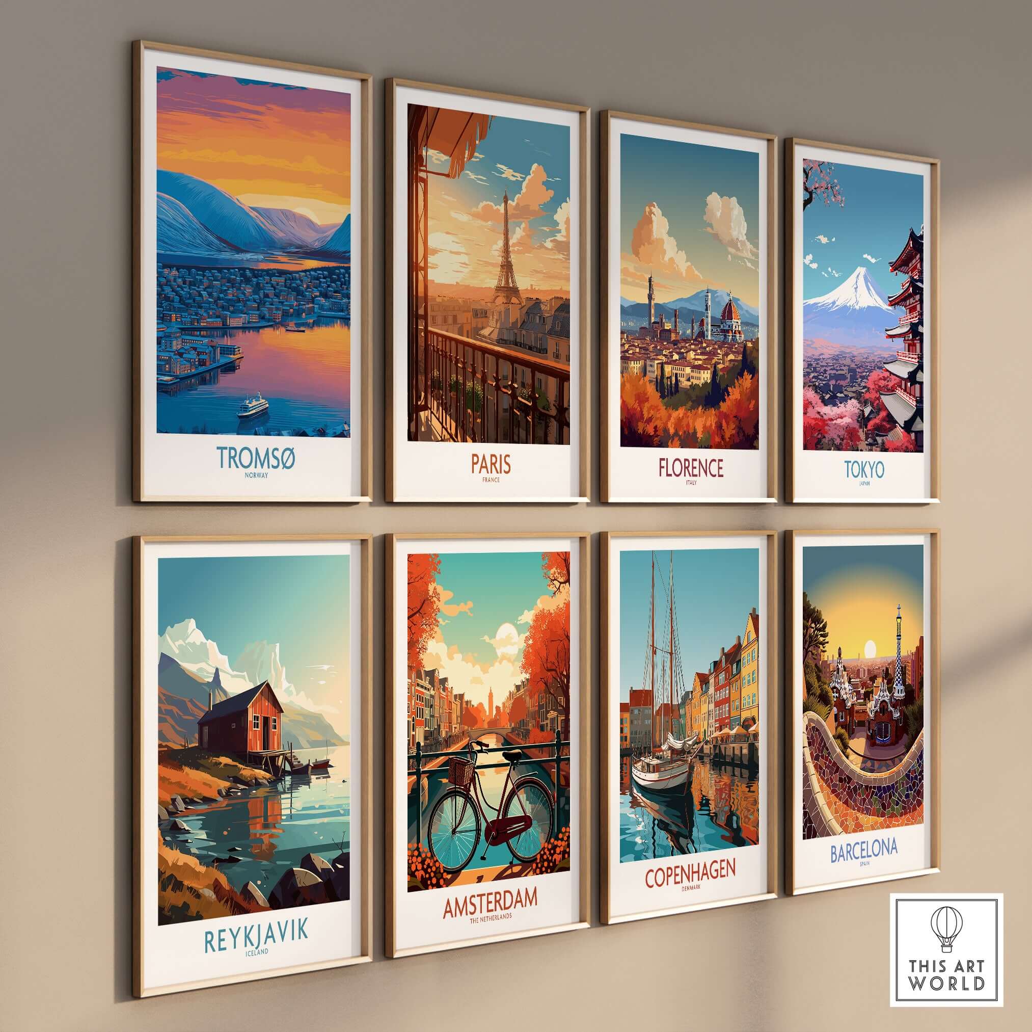 Tromsø Norway Fjord Panorama Art Print | Arctic City Sunset Poster displayed among other city art prints.