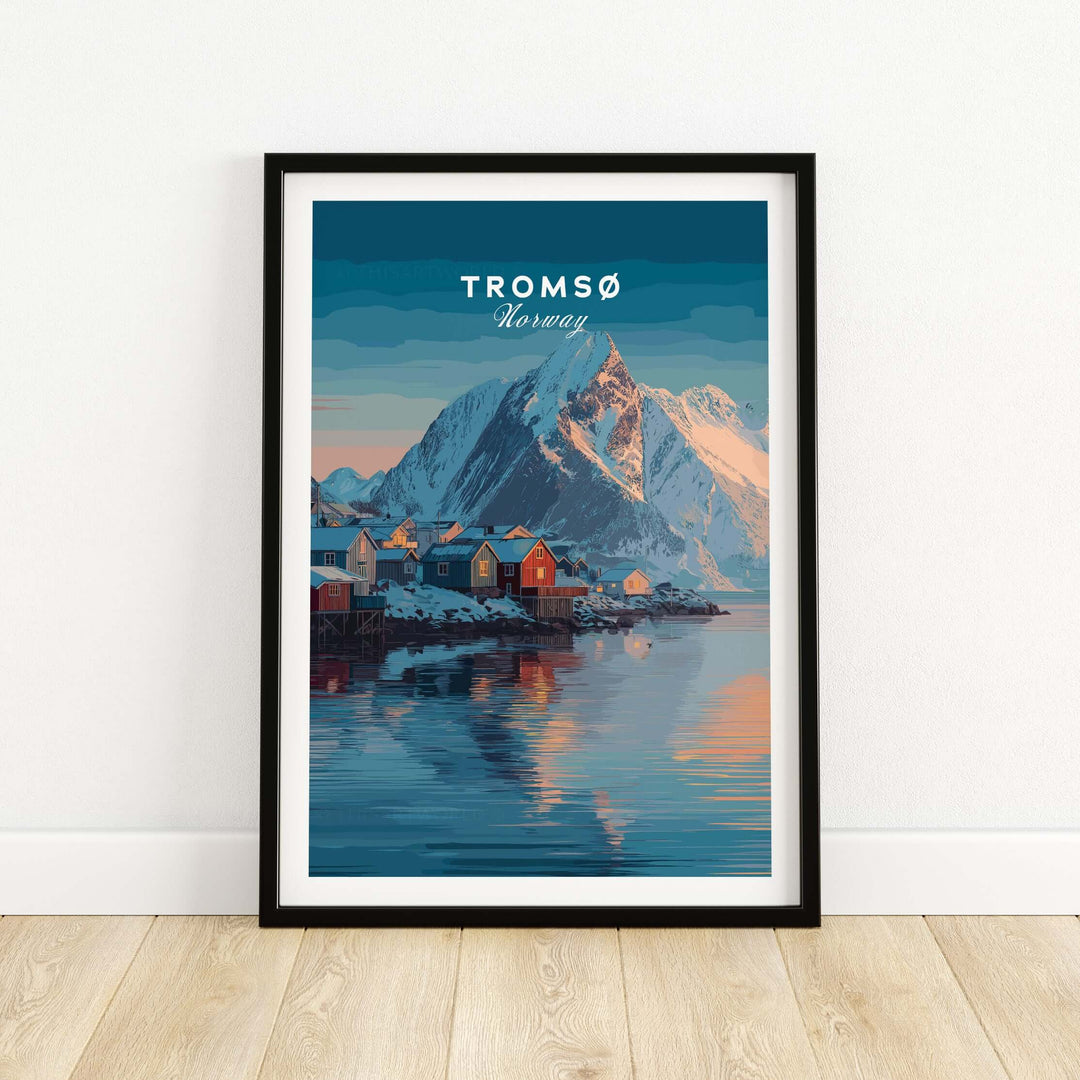 Tromsø Print | Nordic Home Decor Norway Poster featuring scenic Norwegian mountain and colorful cabins.