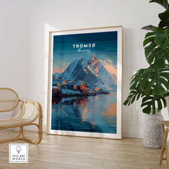 Tromsø Print | Nordic Home Decor Norway Poster of a mountain landscape with colorful houses.