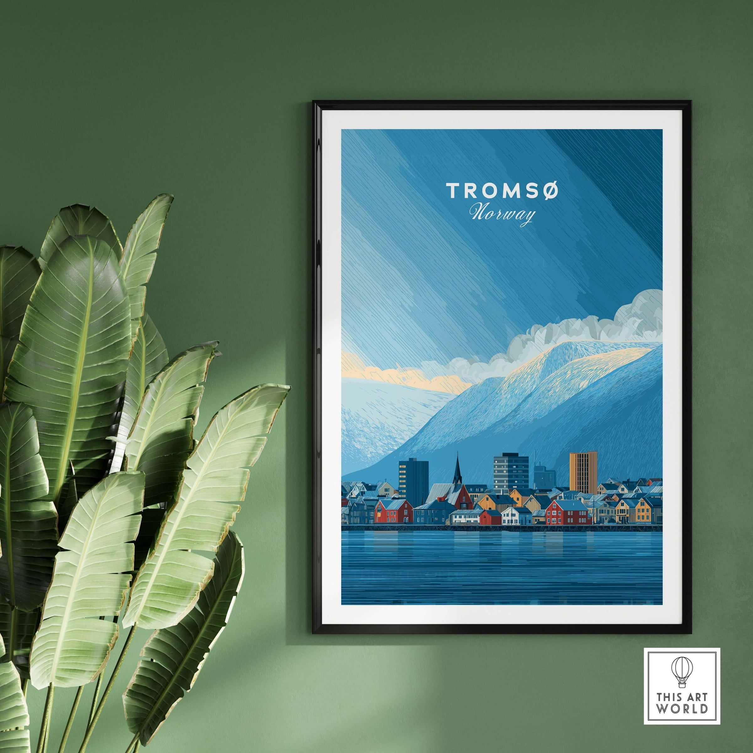 Tromsø Wall Art Print | Norwegian City Wall Decor featuring colorful houses and mountains.