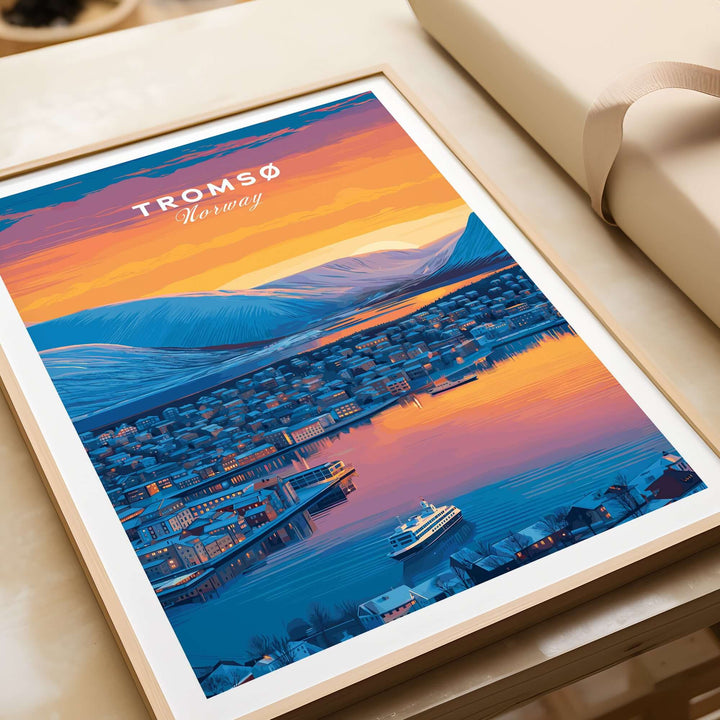 Tromsø City Lights and Snowy Hills Print | Northern Norway Wall Decor with vibrant sunset over city.
