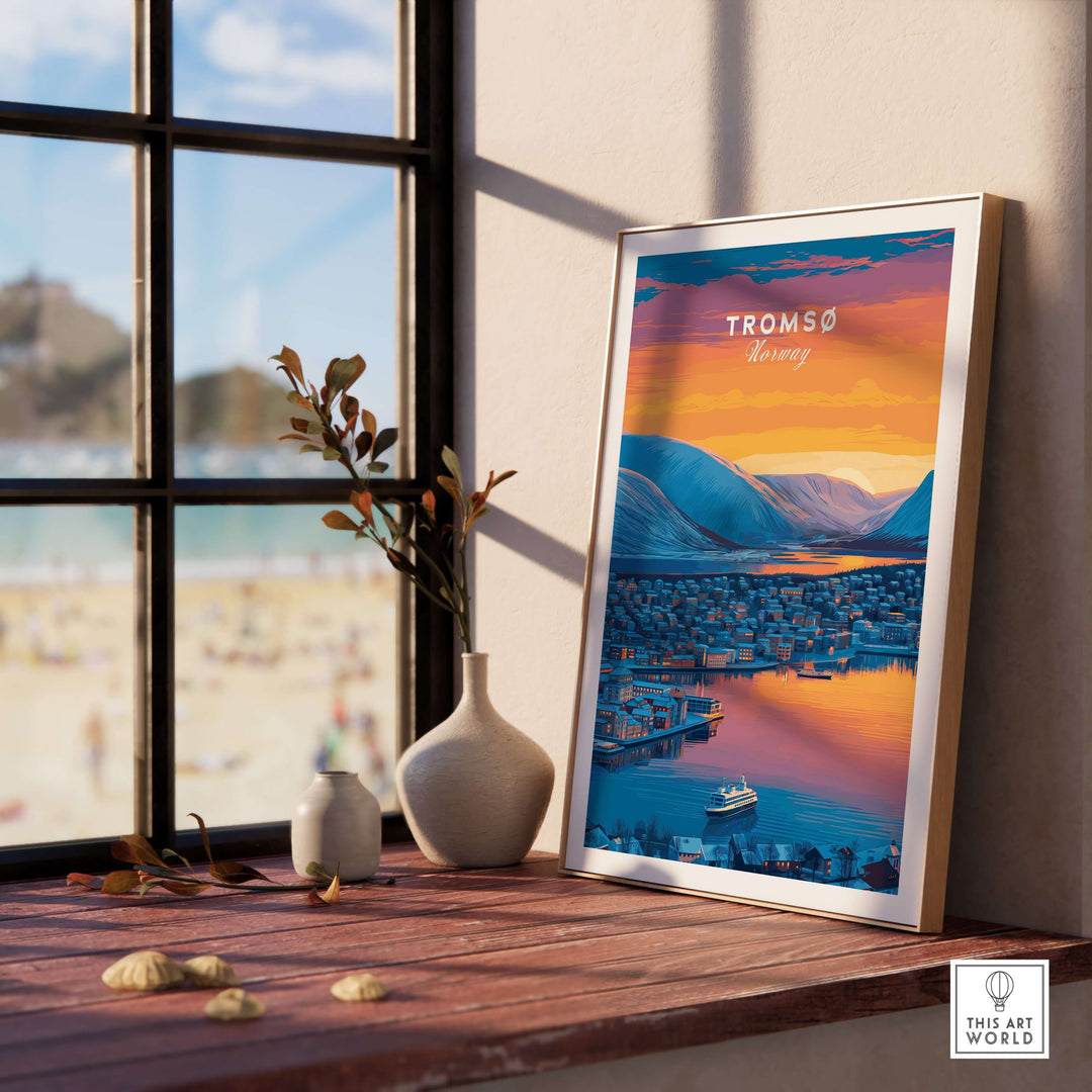 Tromsø City Lights and Snowy Hills Print | Northern Norway Wall Decor showcased in a stylish home setting.