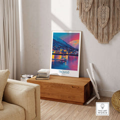 Tromsø Norway Winter Night Art Print | Colorful City Poster displayed in a stylish living room setting.