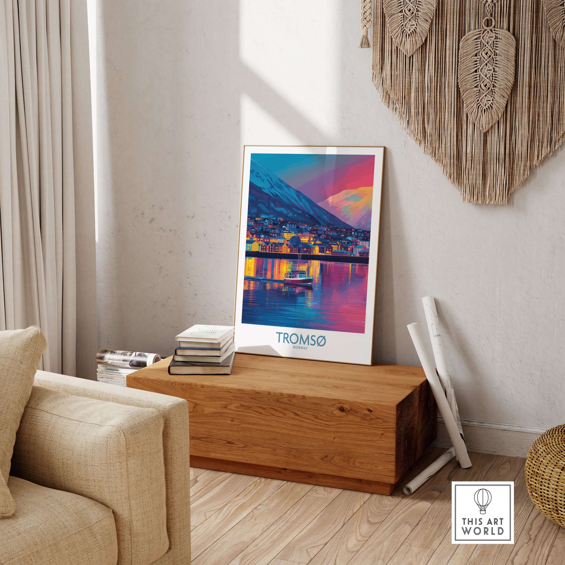 Tromsø Norway Winter Night Art Print | Colorful City Poster displayed in a stylish living room setting.